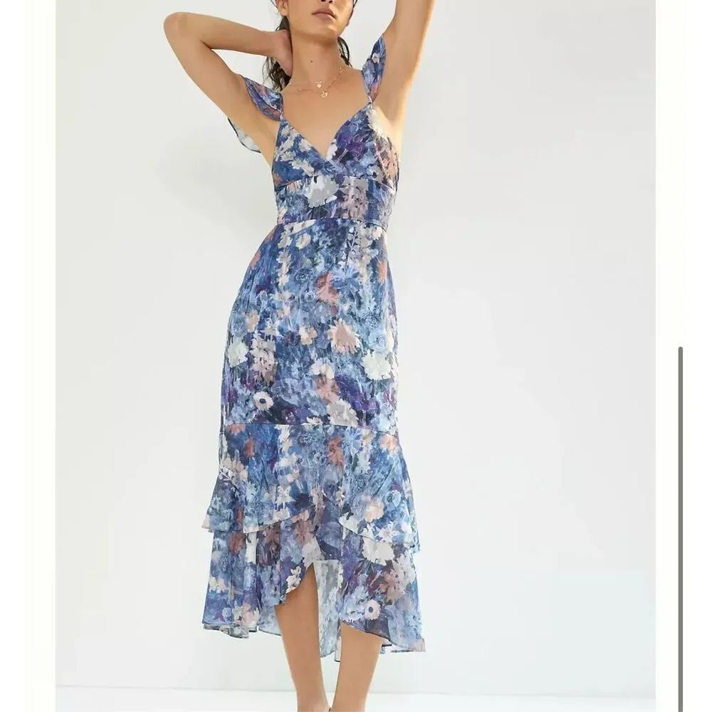 Anthropologie Hutch Ruffled Floral Blue Sleeveless Midi Dress Gown Size 2 NWT